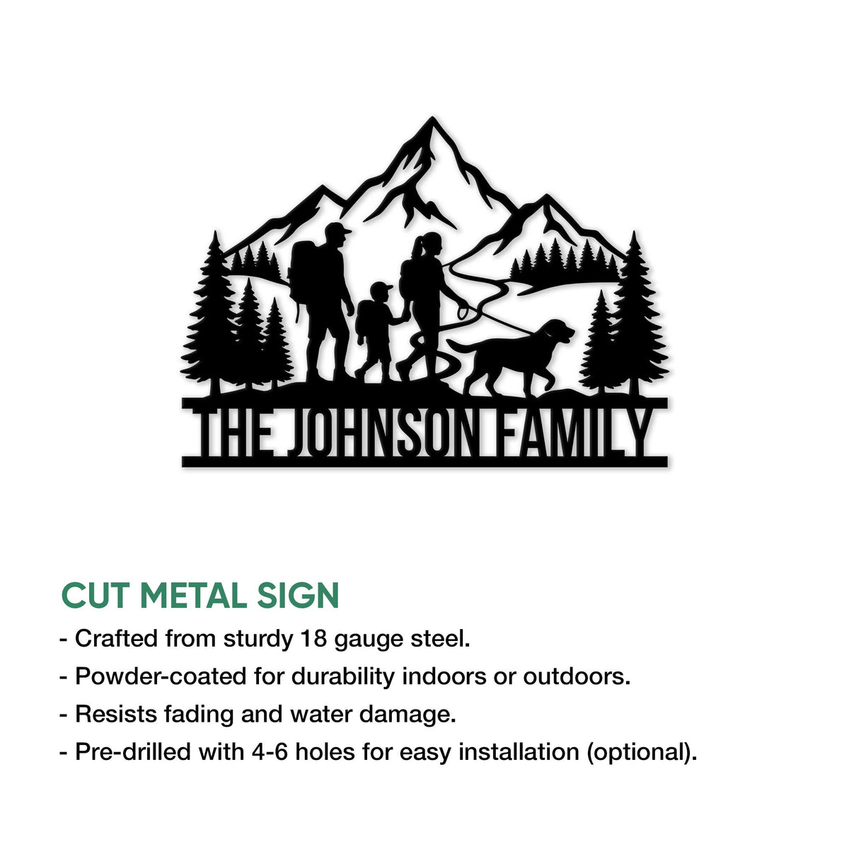 Cut metal trekking sign featuring a family hiking through mountain scenery with pine trees and a dog