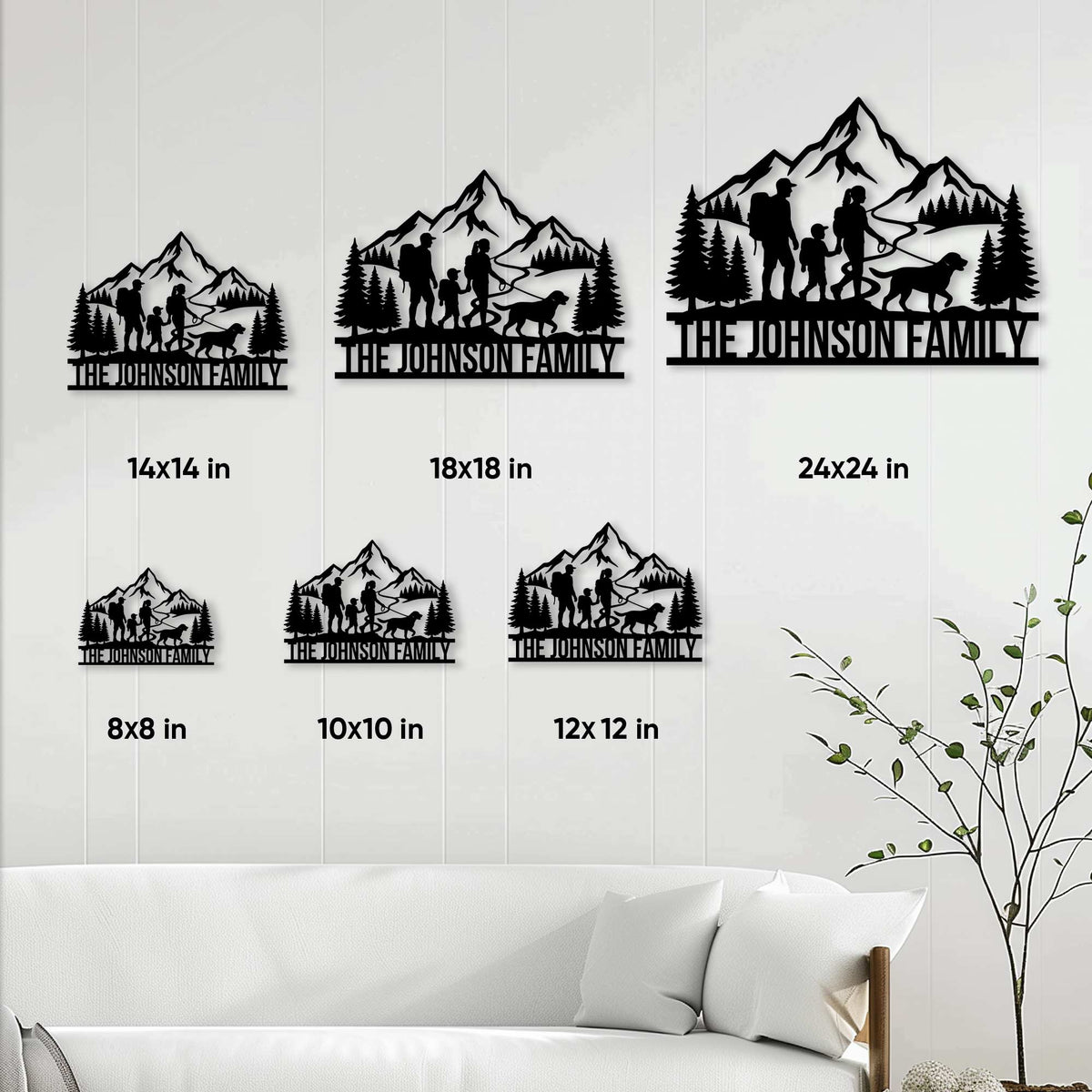 Trekking metal sign size guide showing available square sizes from 8 by 8 to 24 by 24 inches