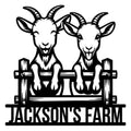 Custom goat farm metal sign featuring two horned goats standing behind a rustic wooden fence