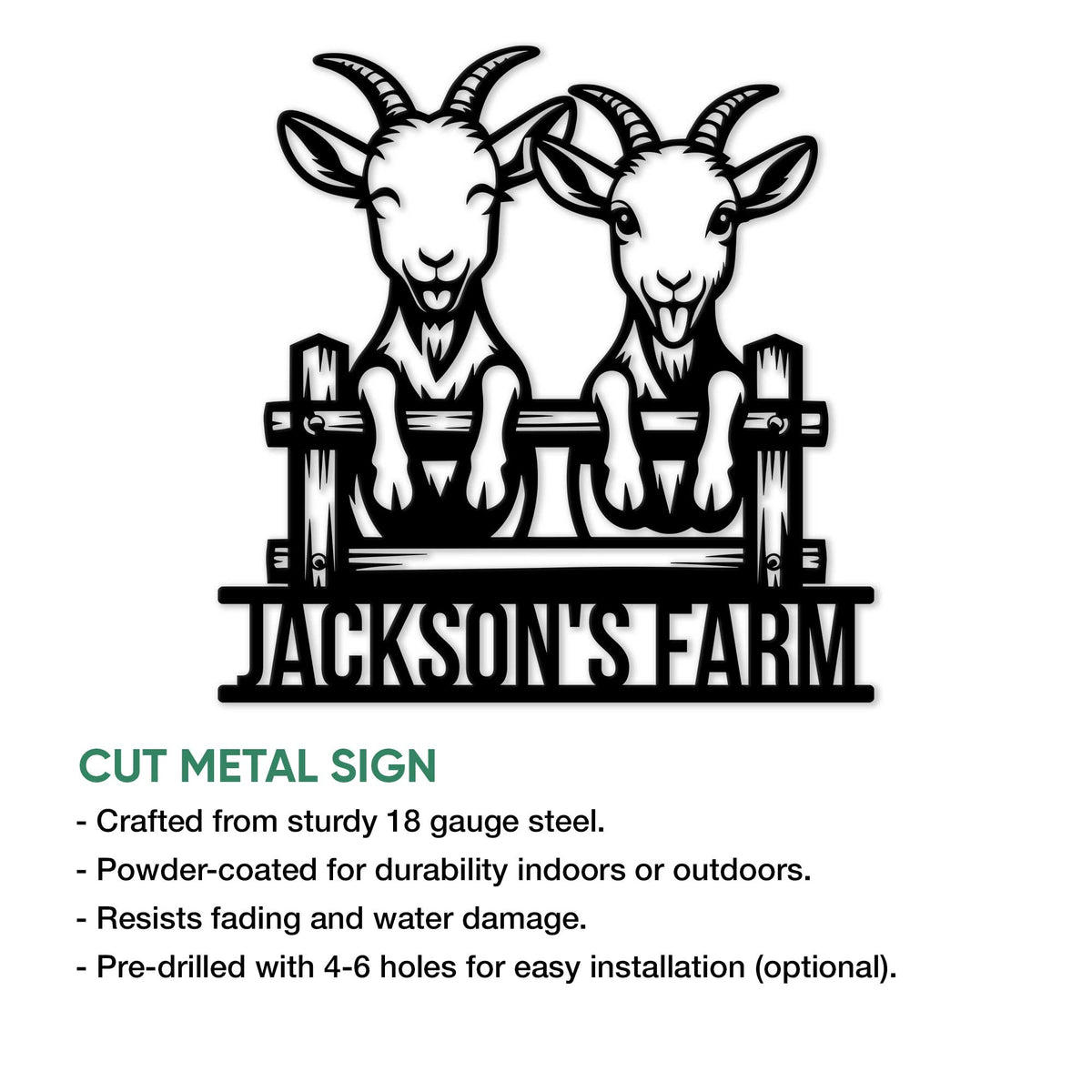 Goat farm cut metal sign with two playful goats and a rustic fence design
