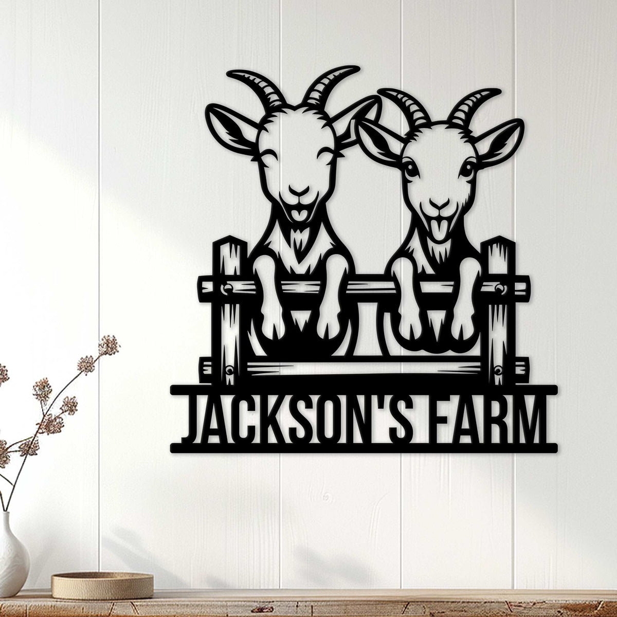 Goat farm wall decor displayed on a light wood wall in a cozy farmhouse setting