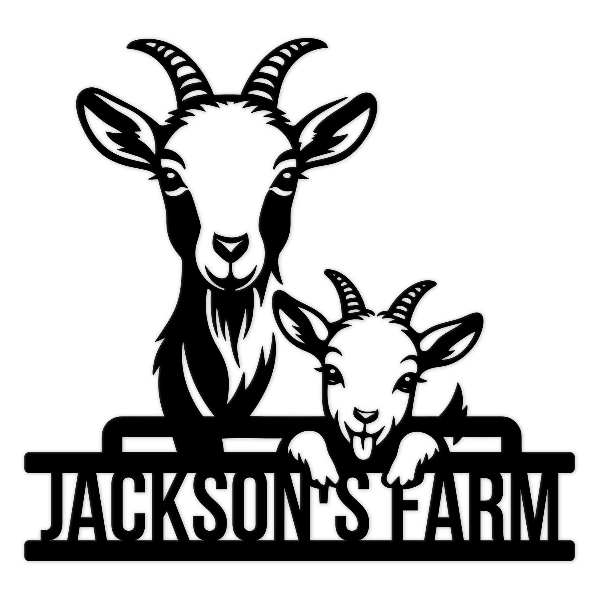 Black metal goat farm sign featuring an adult goat and kid standing behind a rustic fence