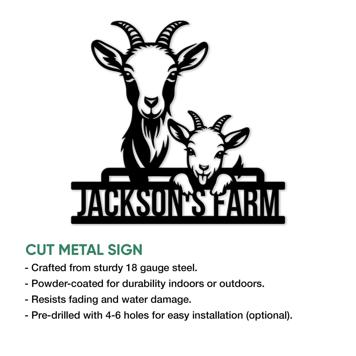 Goat farm metal sign design shown with product features and available size options