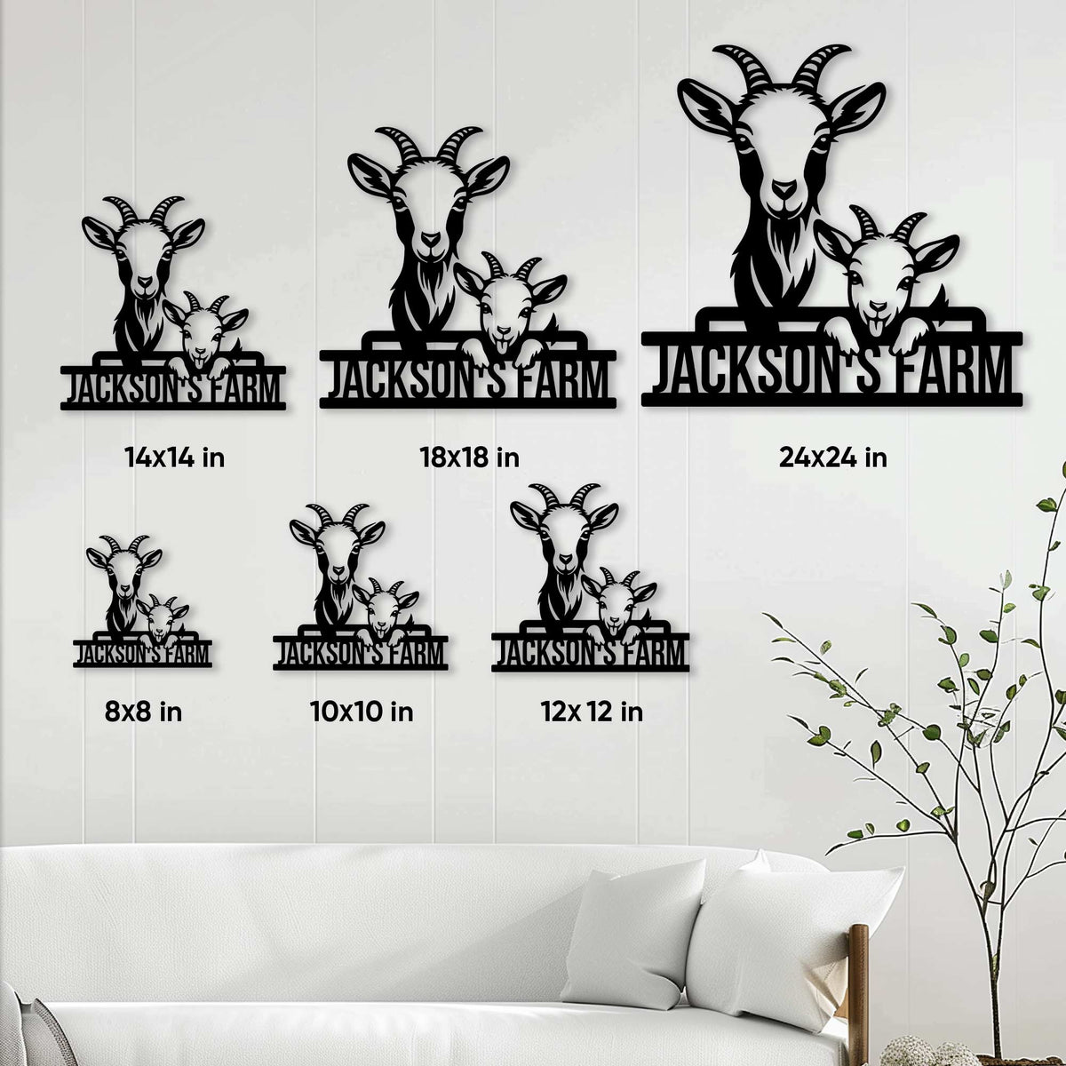Goat farm sign size guide showing multiple dimensions in a farmhouse room setting