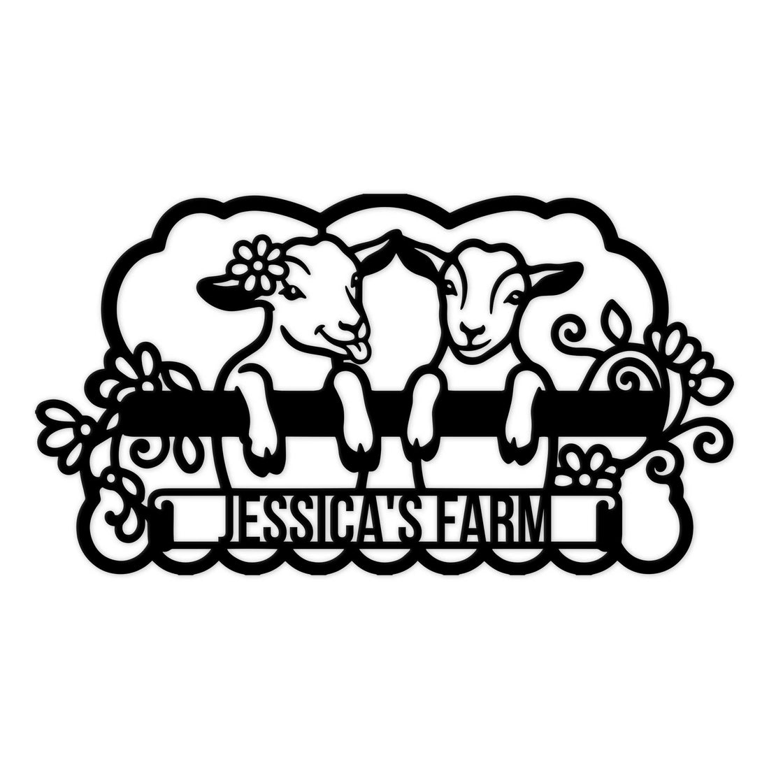 Decorative goat farm metal sign featuring three goats surrounded by floral scrollwork in a rustic design