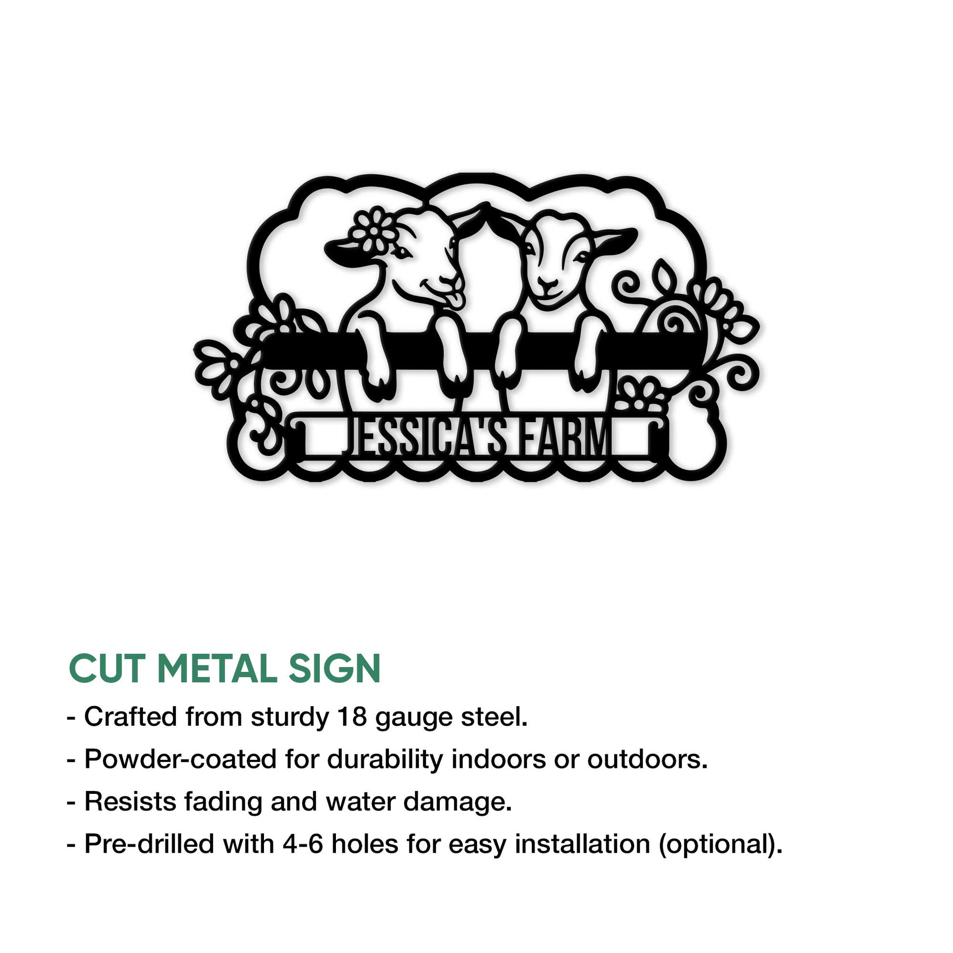 Goat farm cut metal sign shown with a feature graphic highlighting its decorative livestock design