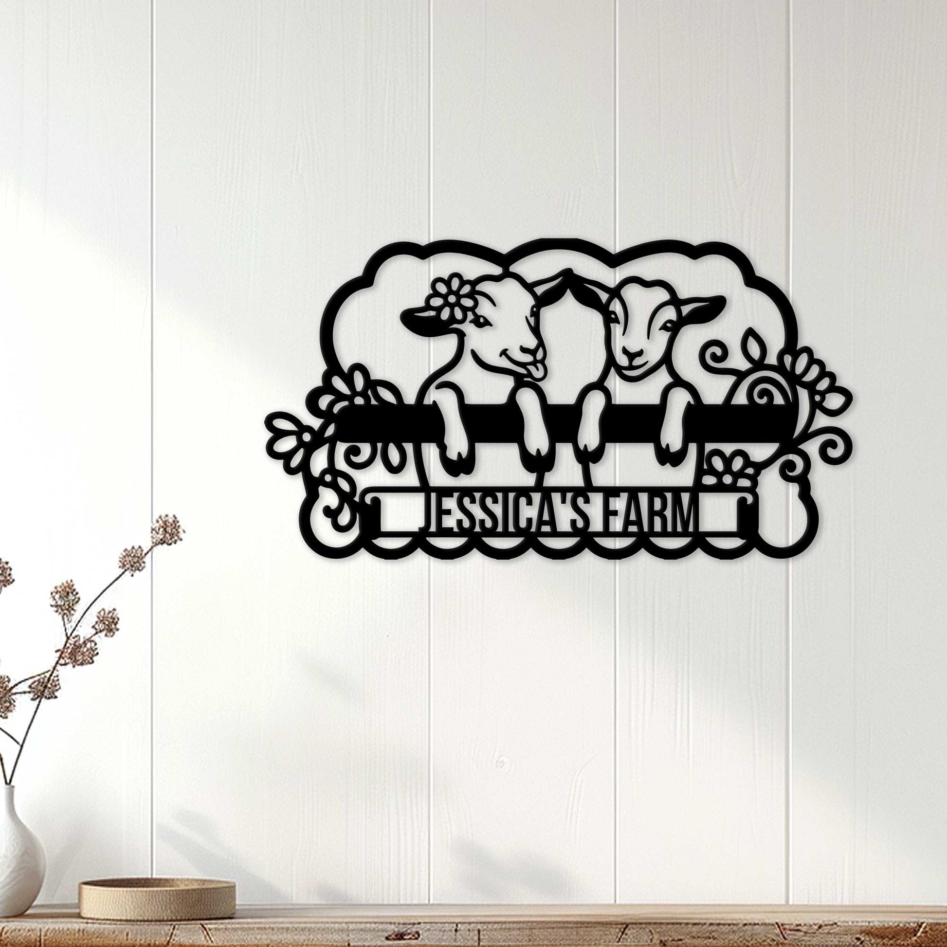 Rustic goat metal sign displayed on a white farmhouse wall above a wooden shelf