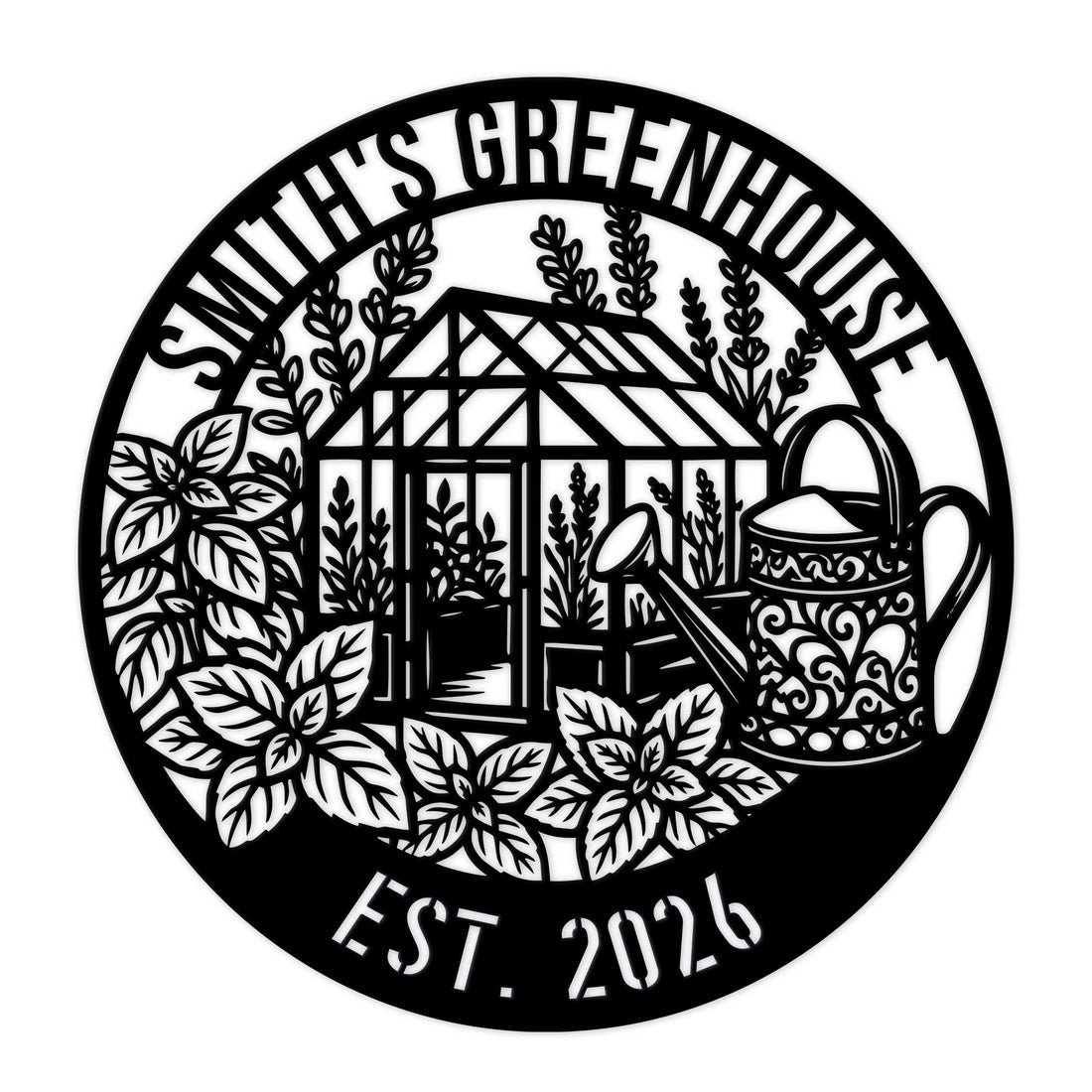 Custom greenhouse metal sign featuring a glasshouse, flowers, plants, and watering can