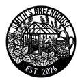 Custom greenhouse metal sign featuring a glasshouse, flowers, plants, and watering can