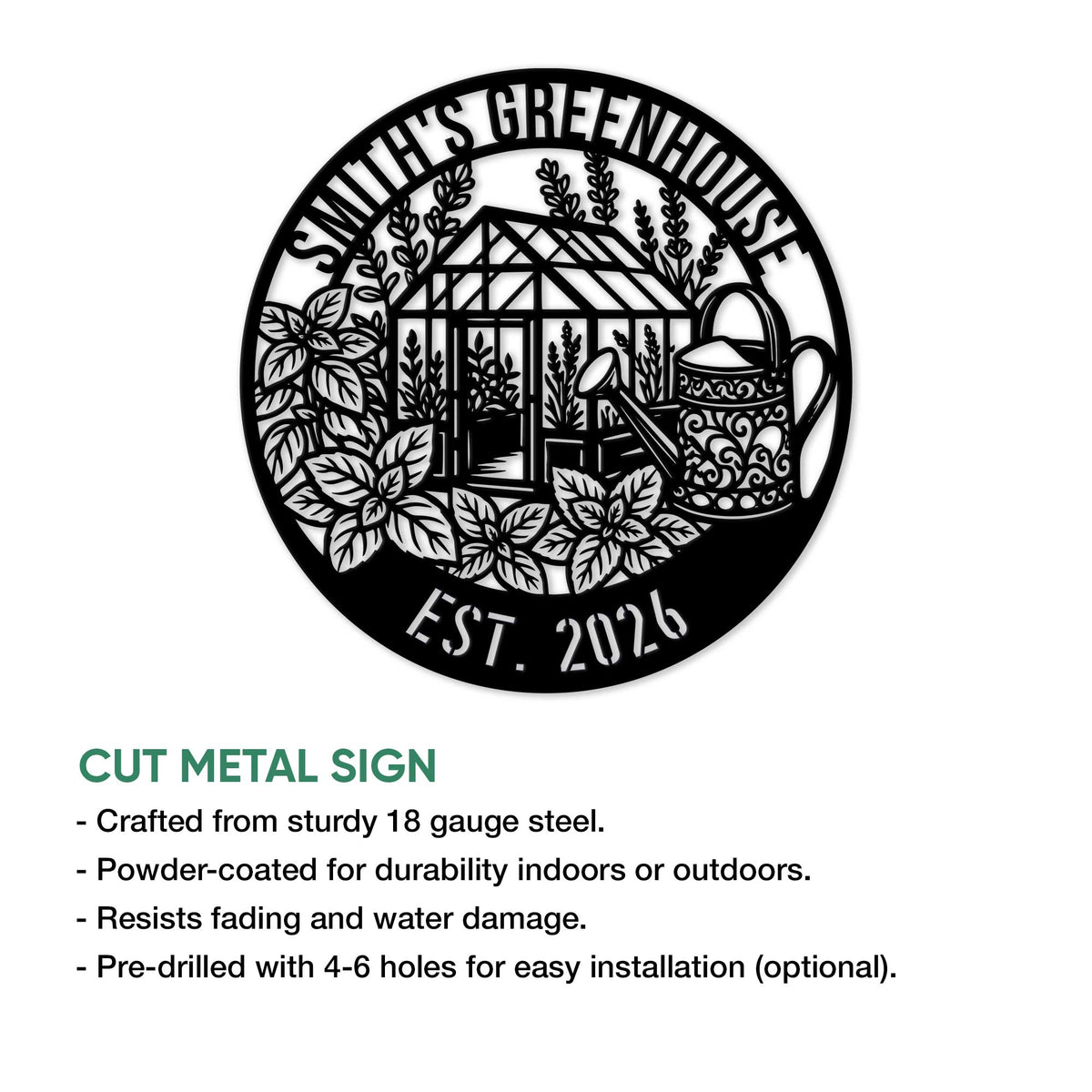Greenhouse gardener metal sign shown in a product feature infographic with cut-metal details
