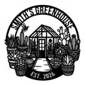 Custom greenhouse metal sign featuring a glasshouse surrounded by potted succulents, cacti, and a garden path