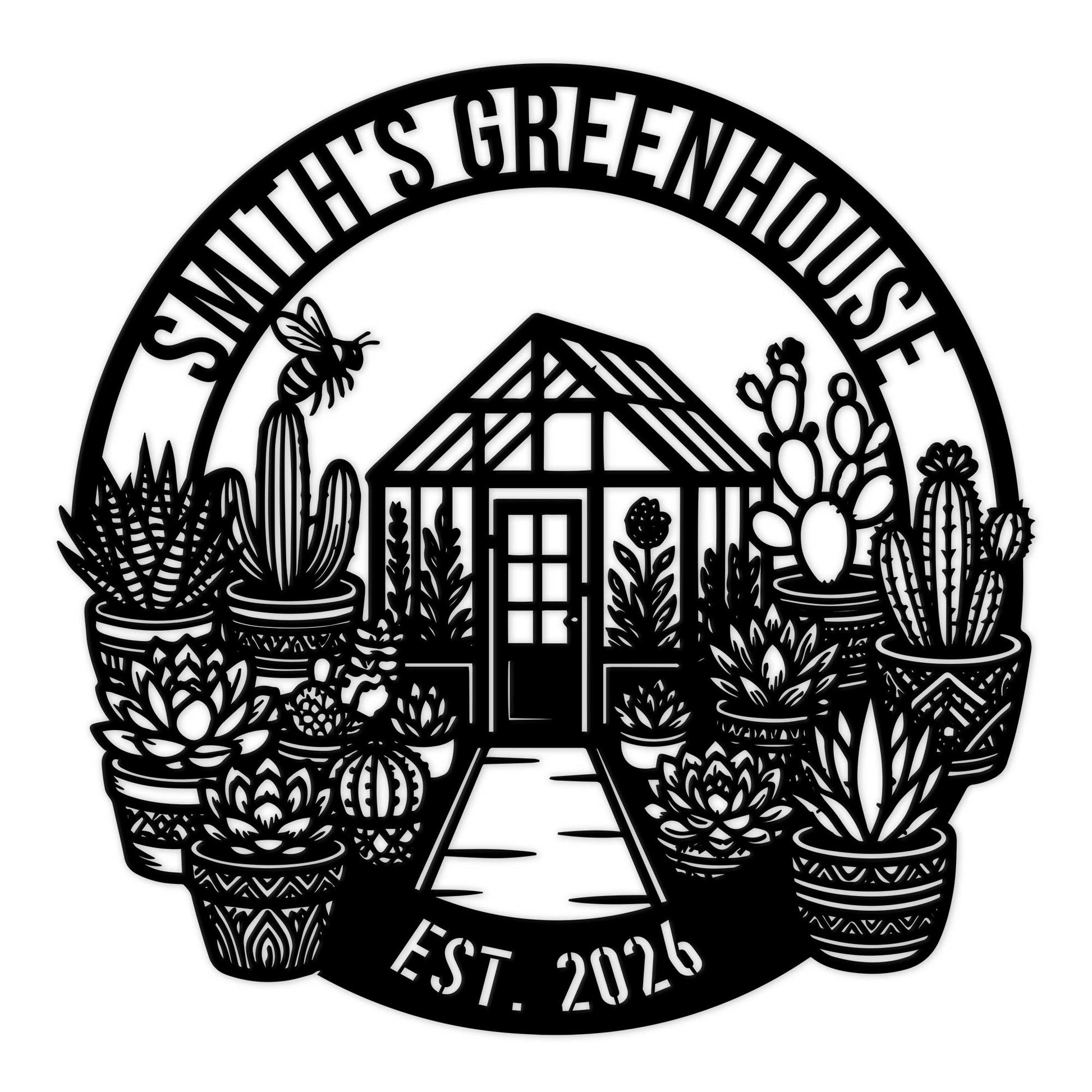 Custom greenhouse metal sign featuring a glasshouse surrounded by potted succulents, cacti, and a garden path