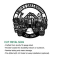 Greenhouse garden metal sign shown with cut-metal construction details and an intricate succulent plant design