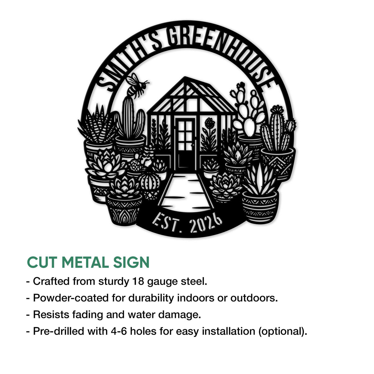 Greenhouse garden metal sign shown with cut-metal construction details and an intricate succulent plant design