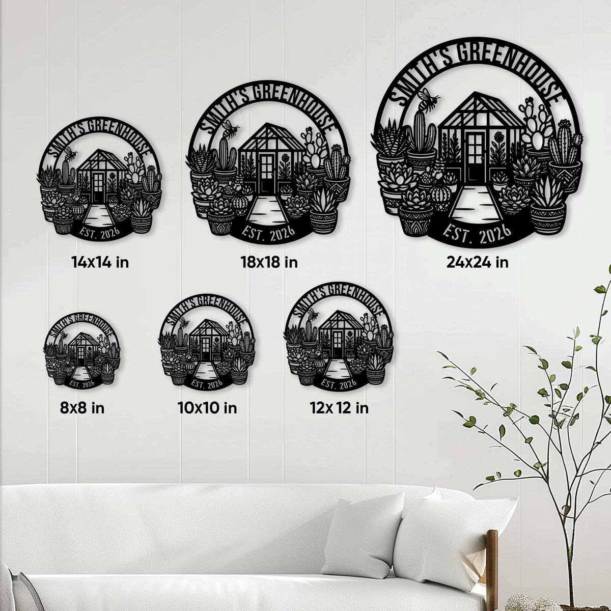 Greenhouse garden metal sign size guide showing available 8, 10, 12, 14, 18, and 24 inch options