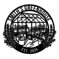 Custom greenhouse garden metal sign featuring raised beds, potted plants, watering cans, and hand tools