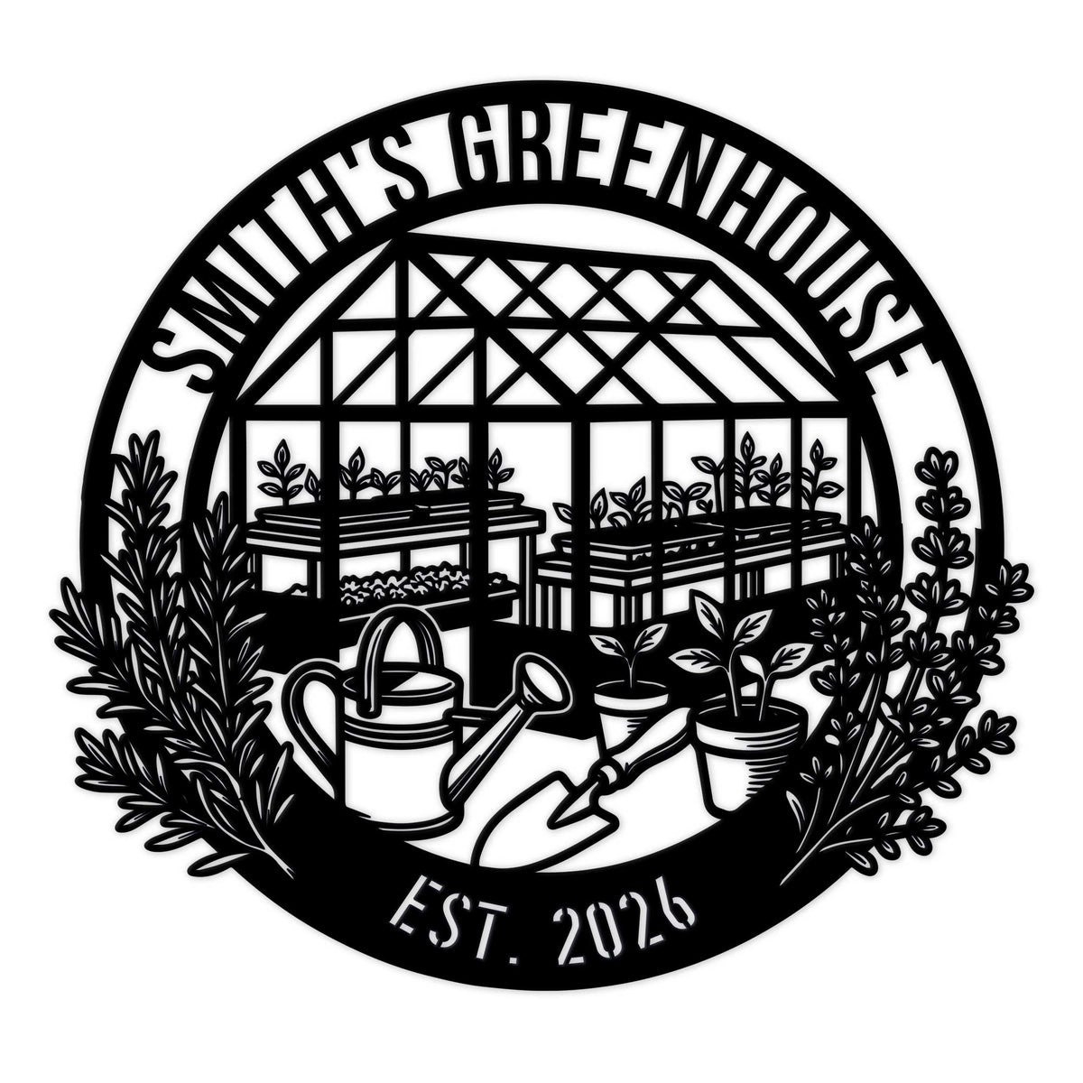 Custom greenhouse garden metal sign featuring raised beds, potted plants, watering cans, and hand tools