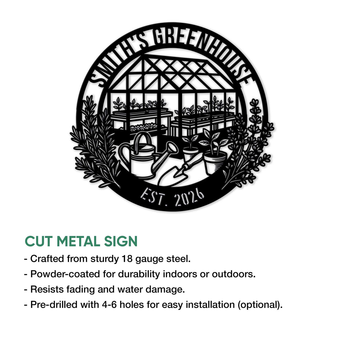 Greenhouse gardener metal sign shown with product features and a detailed botanical greenhouse design