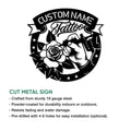 Tattoo artist metal sign product graphic featuring a rose, tattoo machine, and ornamental black cut-metal artwork