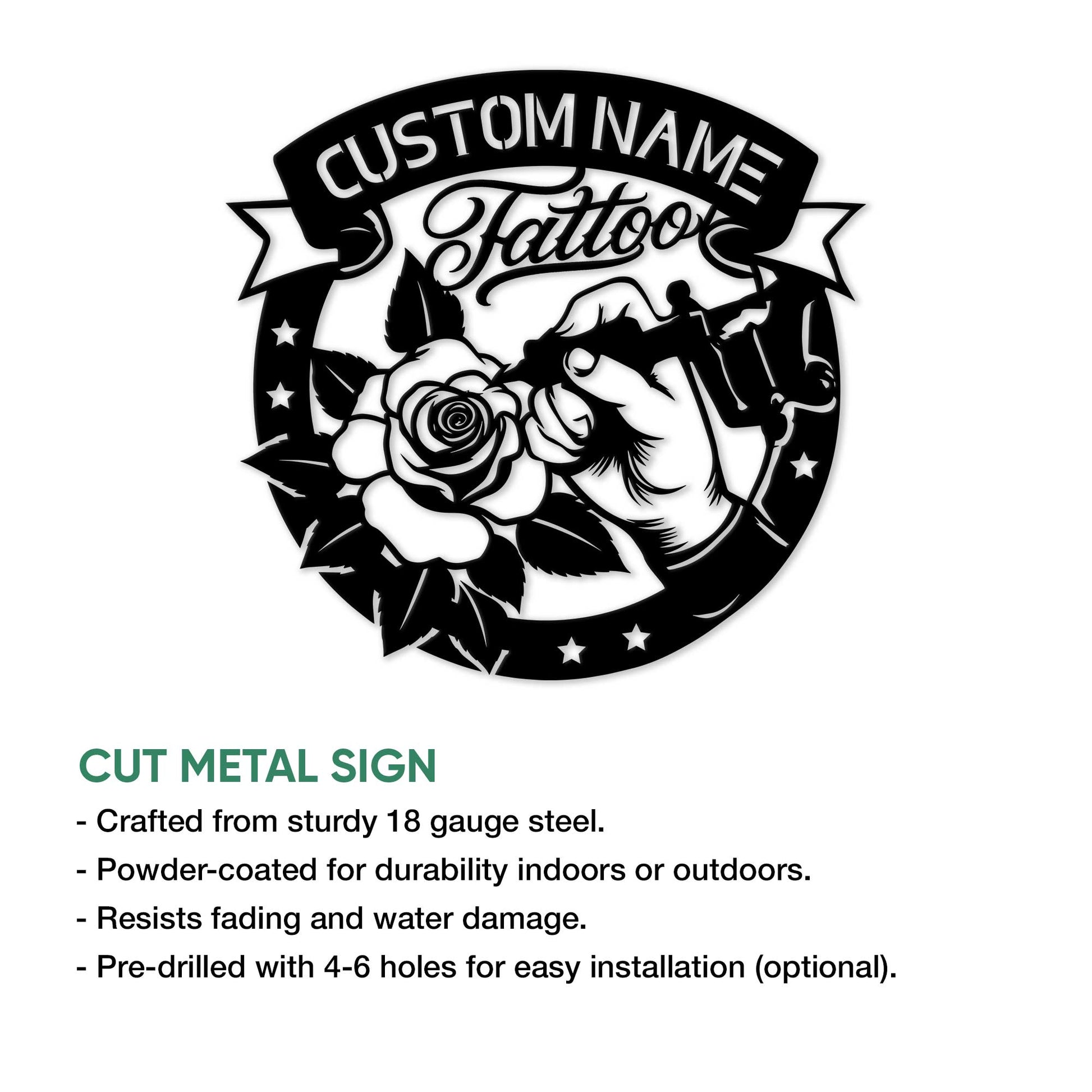 Tattoo artist metal sign product graphic featuring a rose, tattoo machine, and ornamental black cut-metal artwork