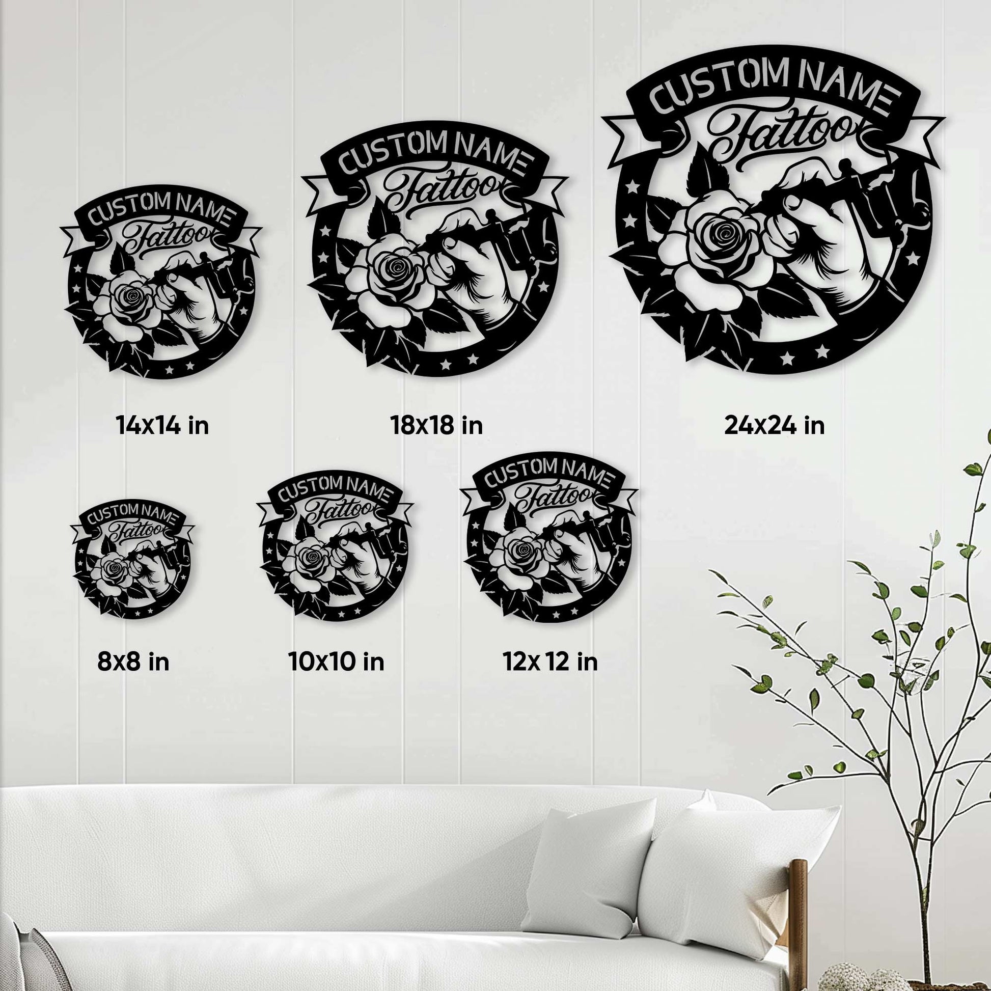 Tattoo artist metal sign size guide showing six round size options from 8 by 8 to 24 by 24 inches