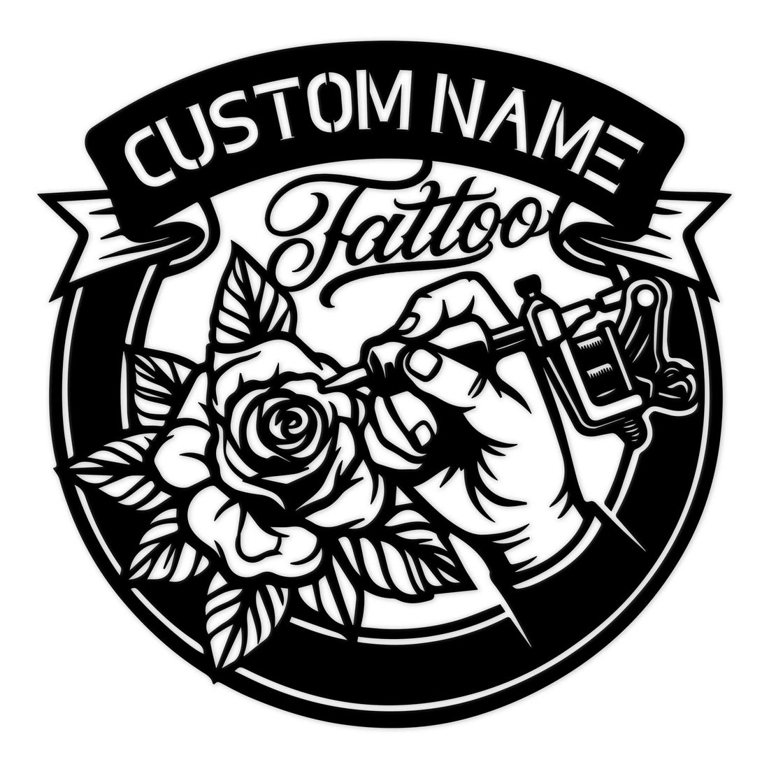 Black tattoo artist metal sign featuring a tattoo machine, rose, leafy floral accents, and bold banner design