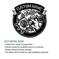Tattoo artist metal sign product graphic showing a floral tattoo machine design and cut metal sign features