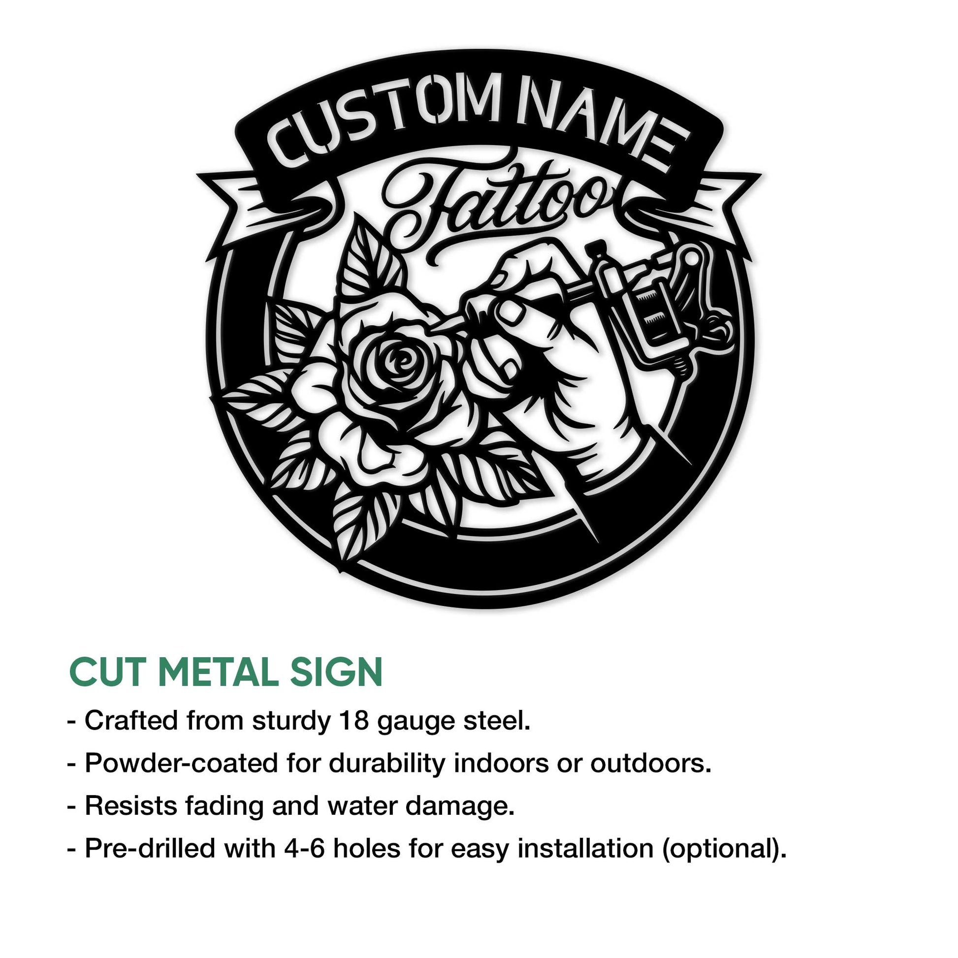 Tattoo artist metal sign product graphic showing a floral tattoo machine design and cut metal sign features