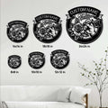 Tattoo artist metal sign size guide showing six available square sign sizes in a living room setting