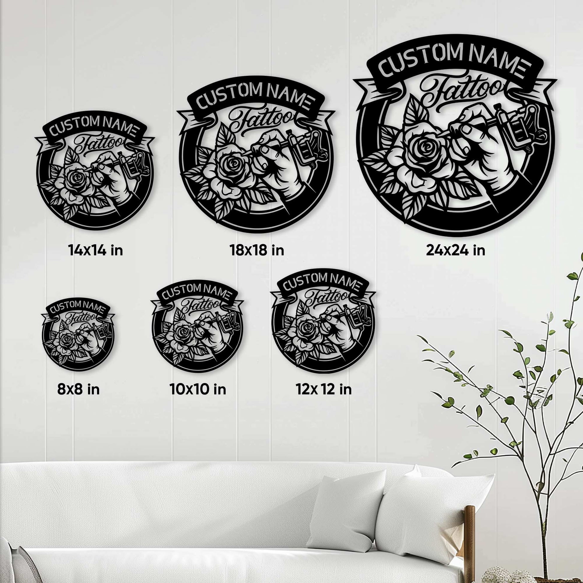 Tattoo artist metal sign size guide showing six available square sign sizes in a living room setting