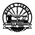 Woodturning metal sign featuring a lathe, turning tools, saw blade border, and workshop emblem design