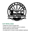 Woodworker metal sign shown with a lathe and turning tools alongside a cut metal sign feature guide