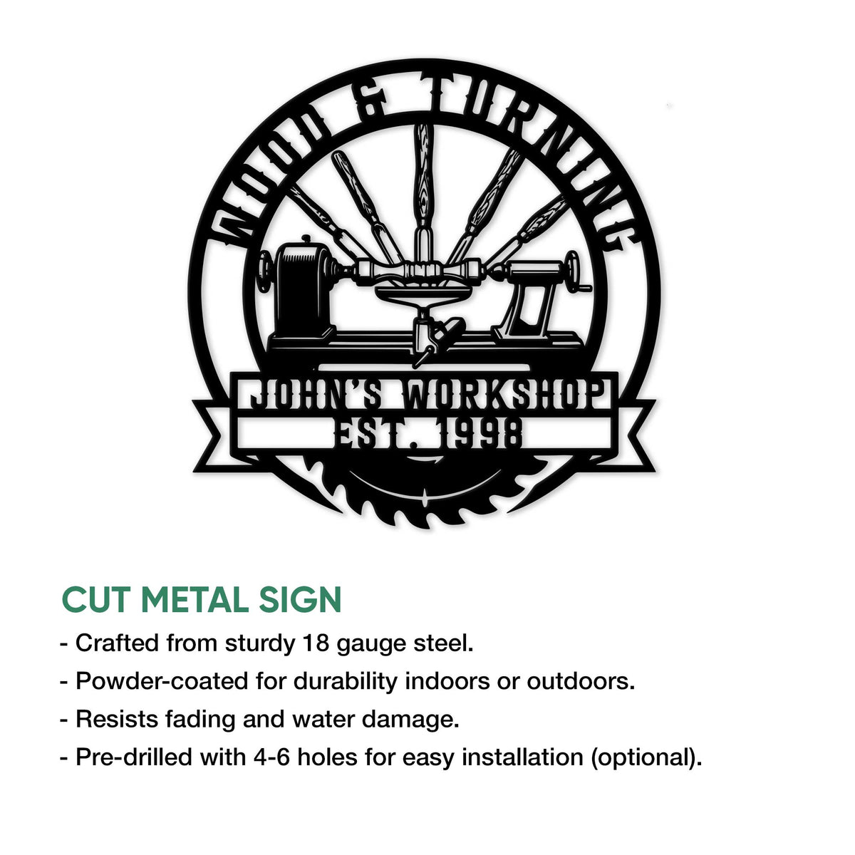 Woodworker metal sign shown with a lathe and turning tools alongside a cut metal sign feature guide
