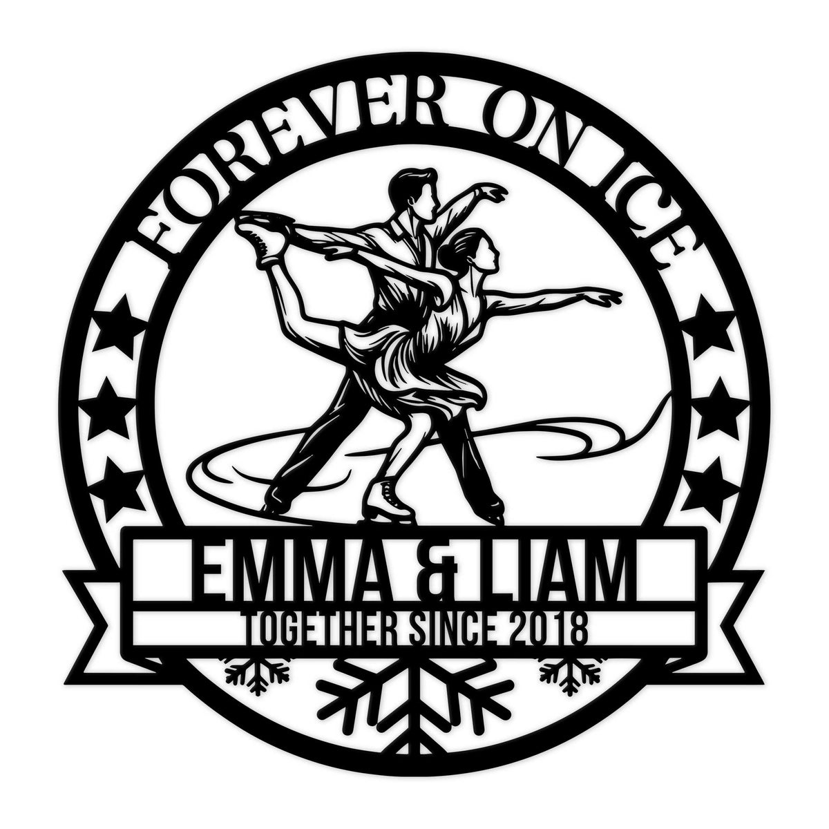 Custom ice skating couple metal sign featuring figure skaters inside a star-bordered circular design