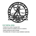Ice skating couple metal sign shown with a cut-metal product feature guide