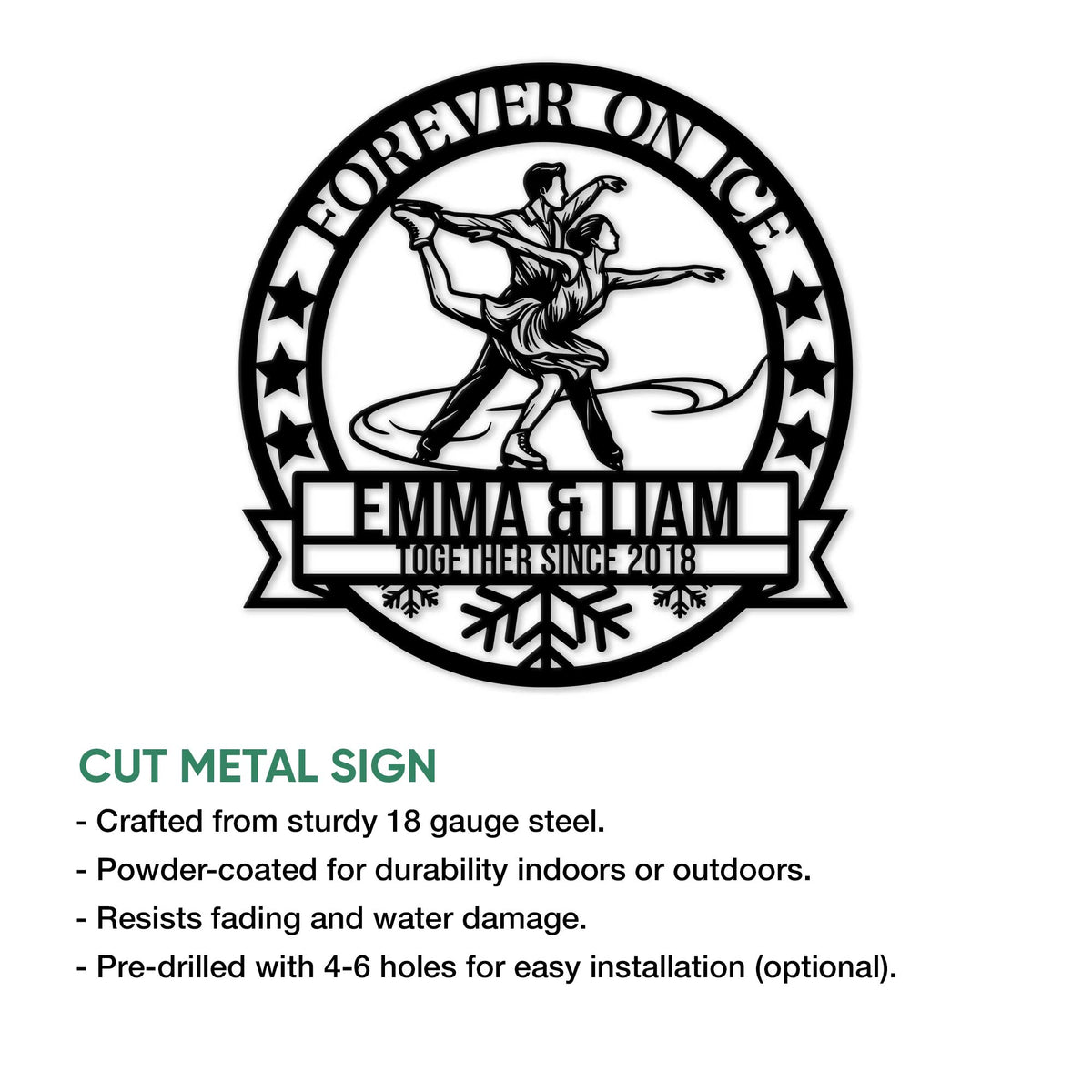 Ice skating couple metal sign shown with a cut-metal product feature guide