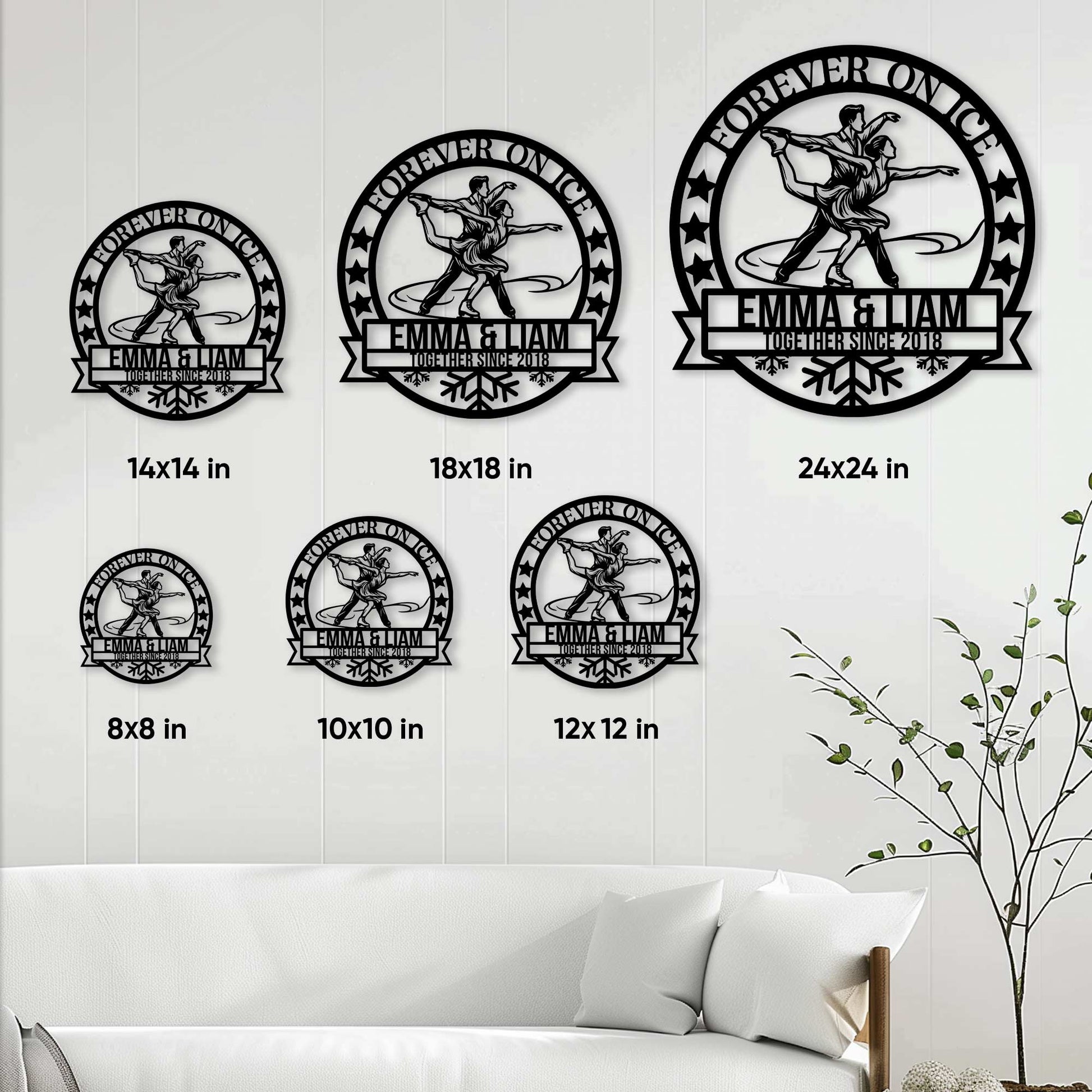 Ice skating couple metal sign size guide showing six available square dimensions