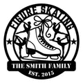 Custom family ice skating metal sign with four skater silhouettes and an oversized figure skate
