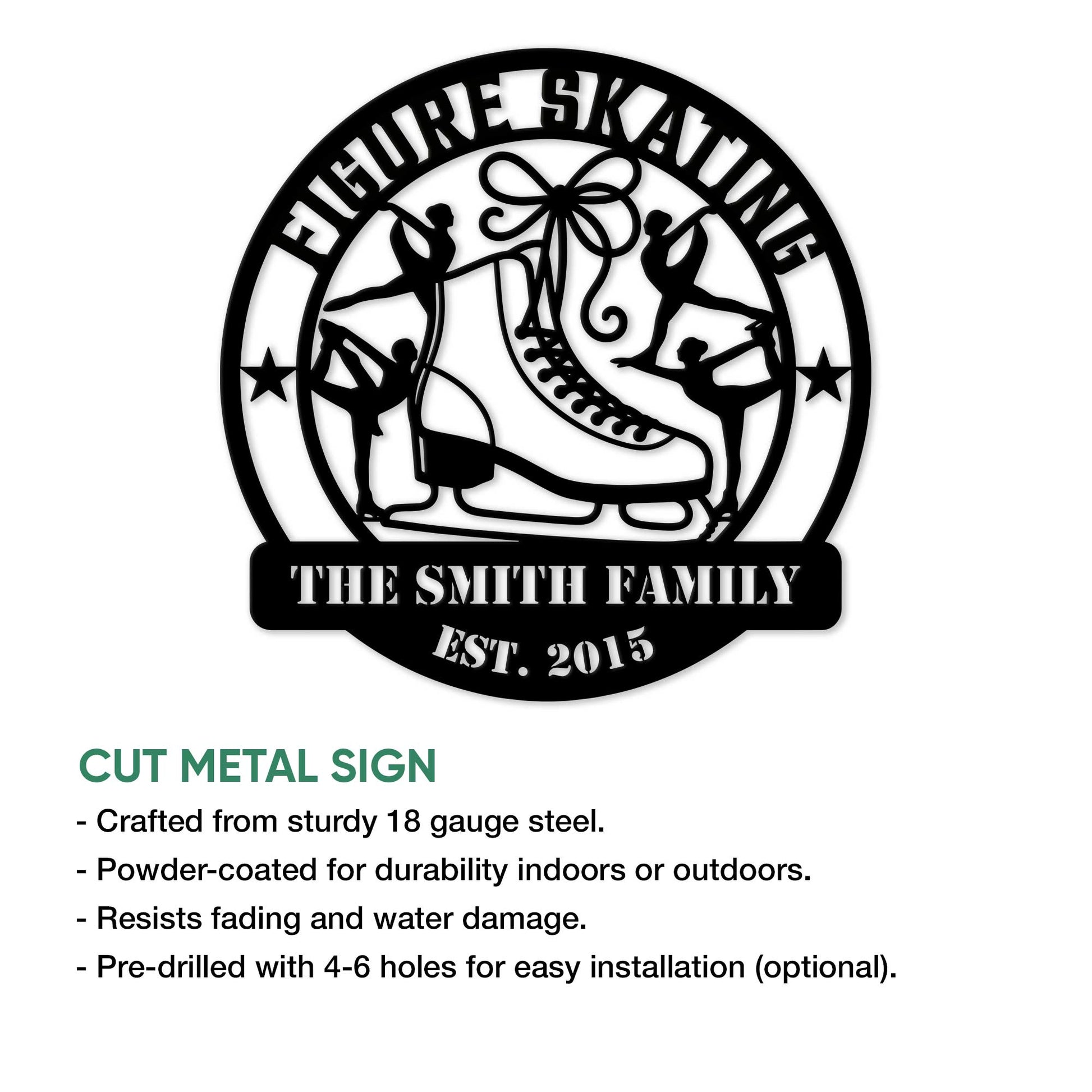 Figure skating family metal sign shown with cut-metal product details and display features