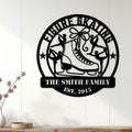 Family figure skating metal sign displayed as wall decor on a light wood-paneled wall
