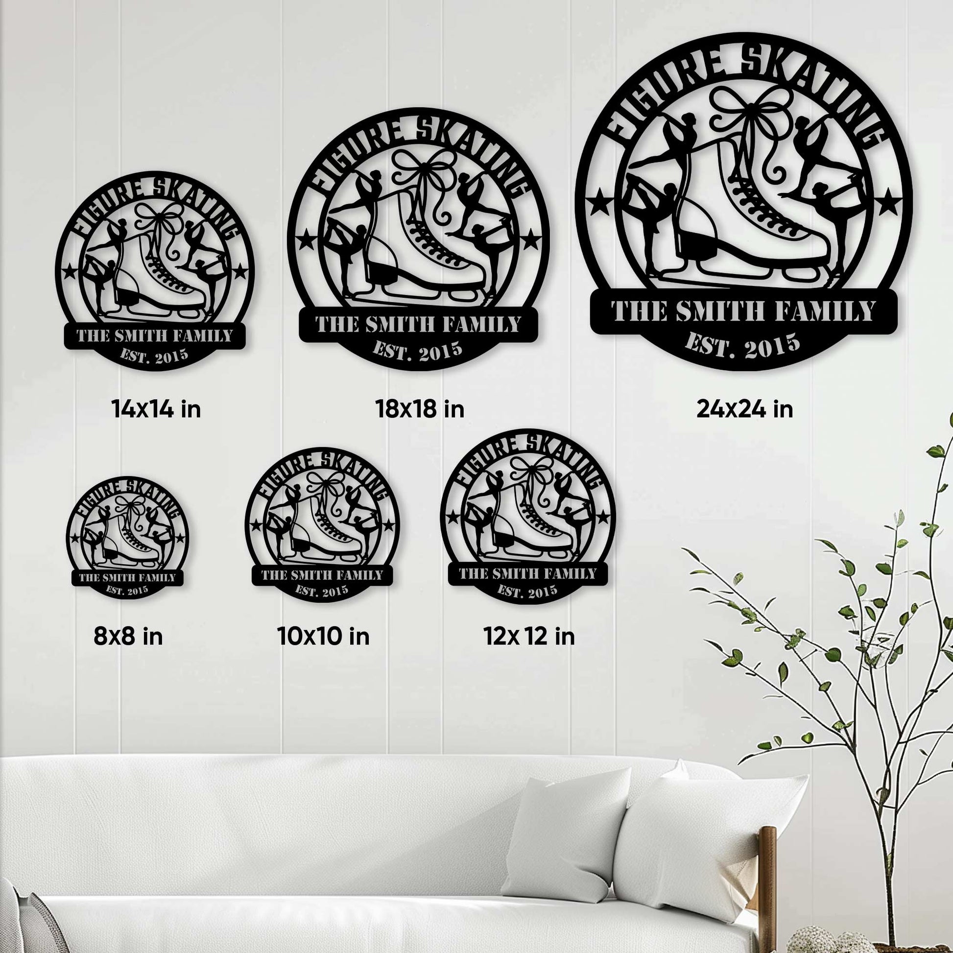 Figure skating family metal sign size guide showing six available square size options