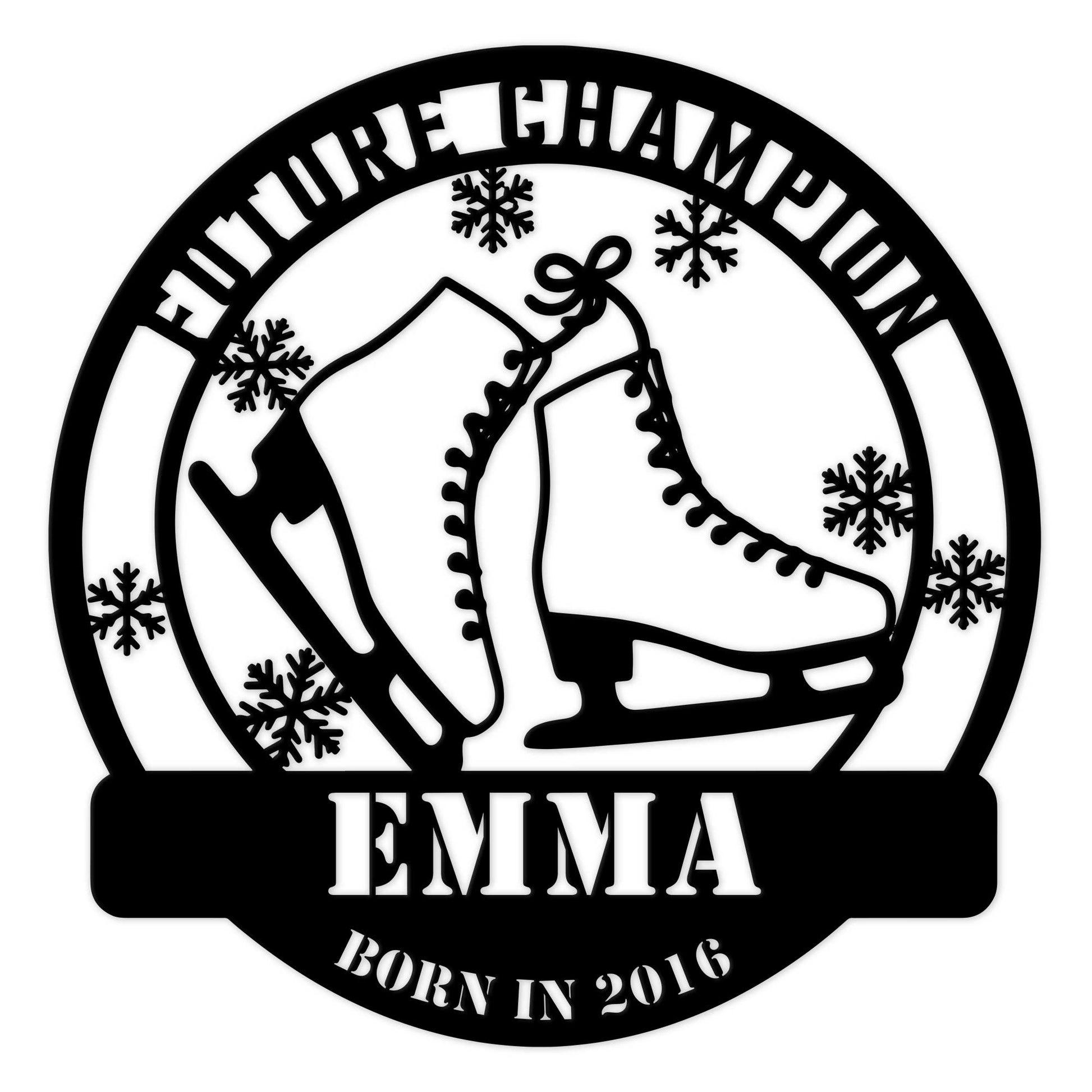 Custom ice skating metal sign featuring figure skates, snowflakes, and a future champion theme