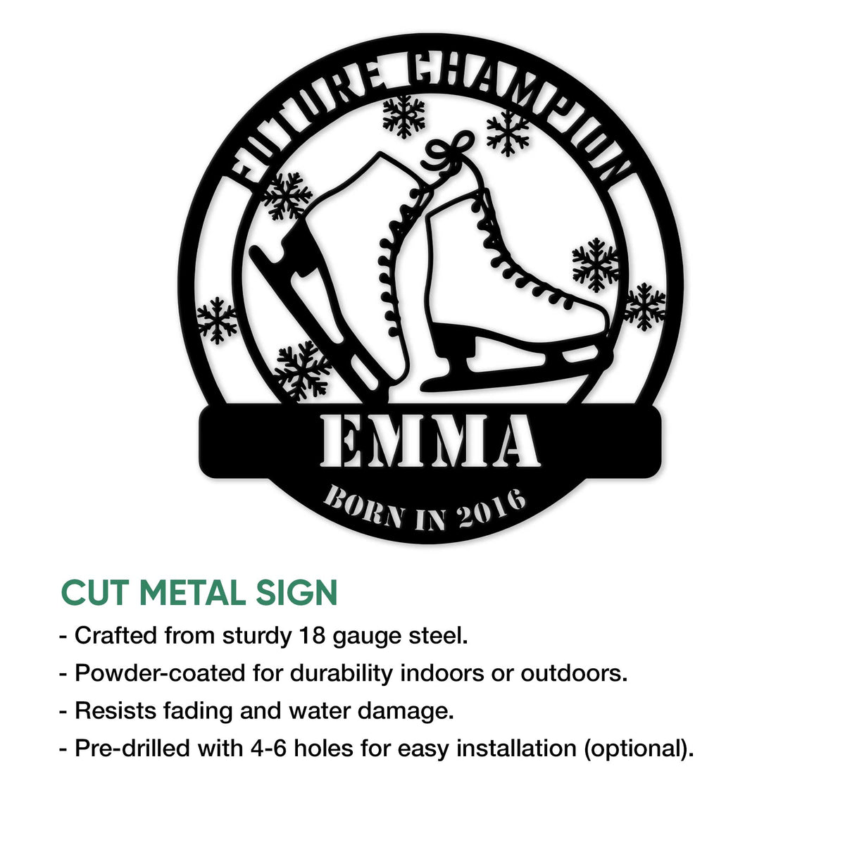 Ice skating cut metal sign shown with product feature details for indoor or outdoor display