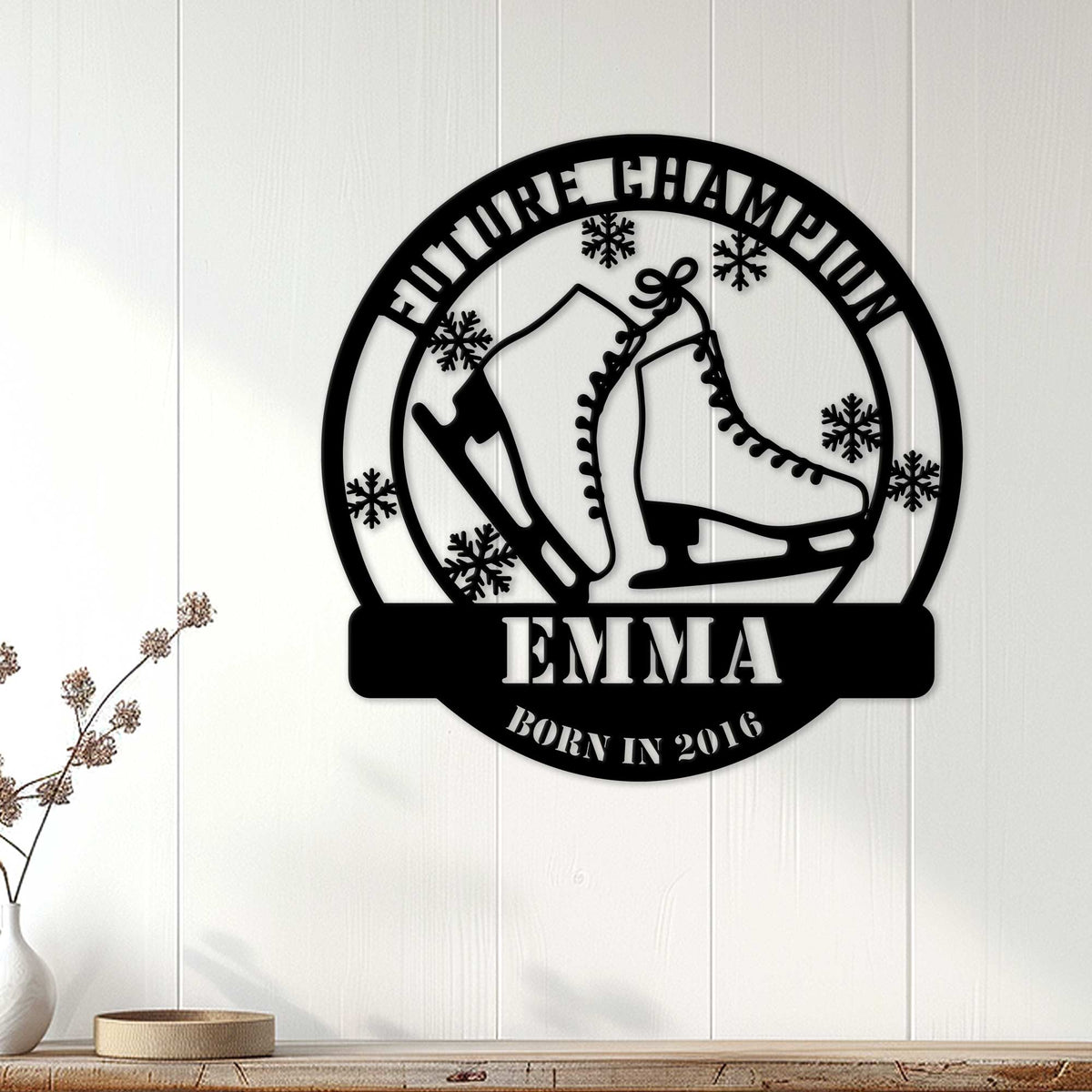 Ice skating metal wall sign displayed on a white paneled wall in a home decor setting