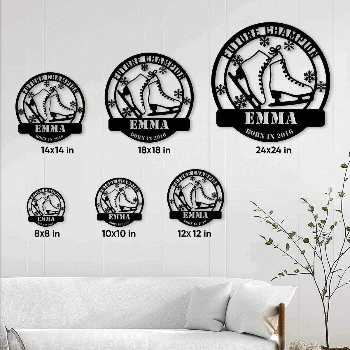 Ice skating metal sign shown in multiple size options from 8 by 8 to 24 by 24 inches