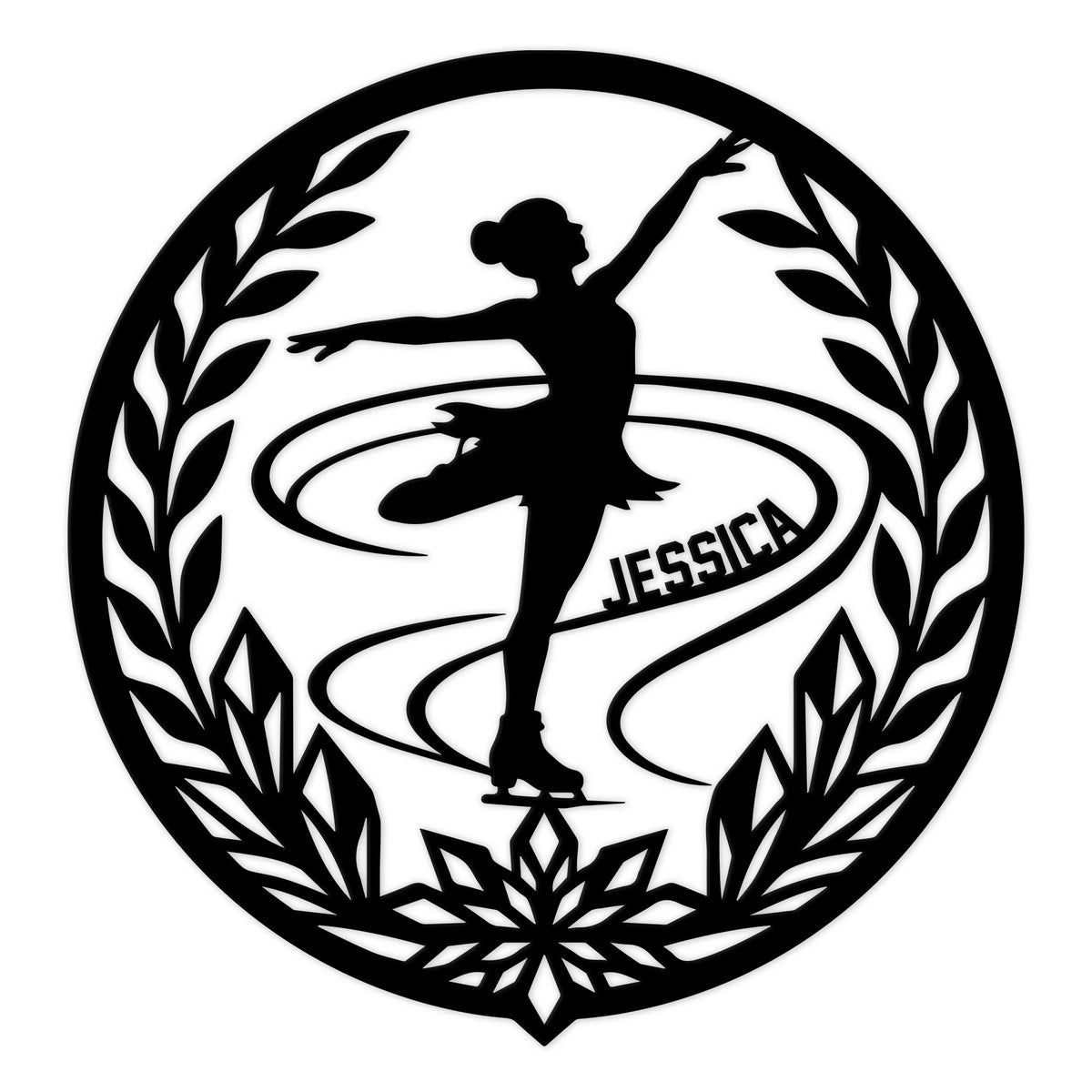 Figure skating metal sign featuring a graceful skater silhouette on an ice rink with a leafy wreath and snowflake