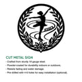 Figure skating metal sign shown with a product feature infographic and cut-metal design presentation