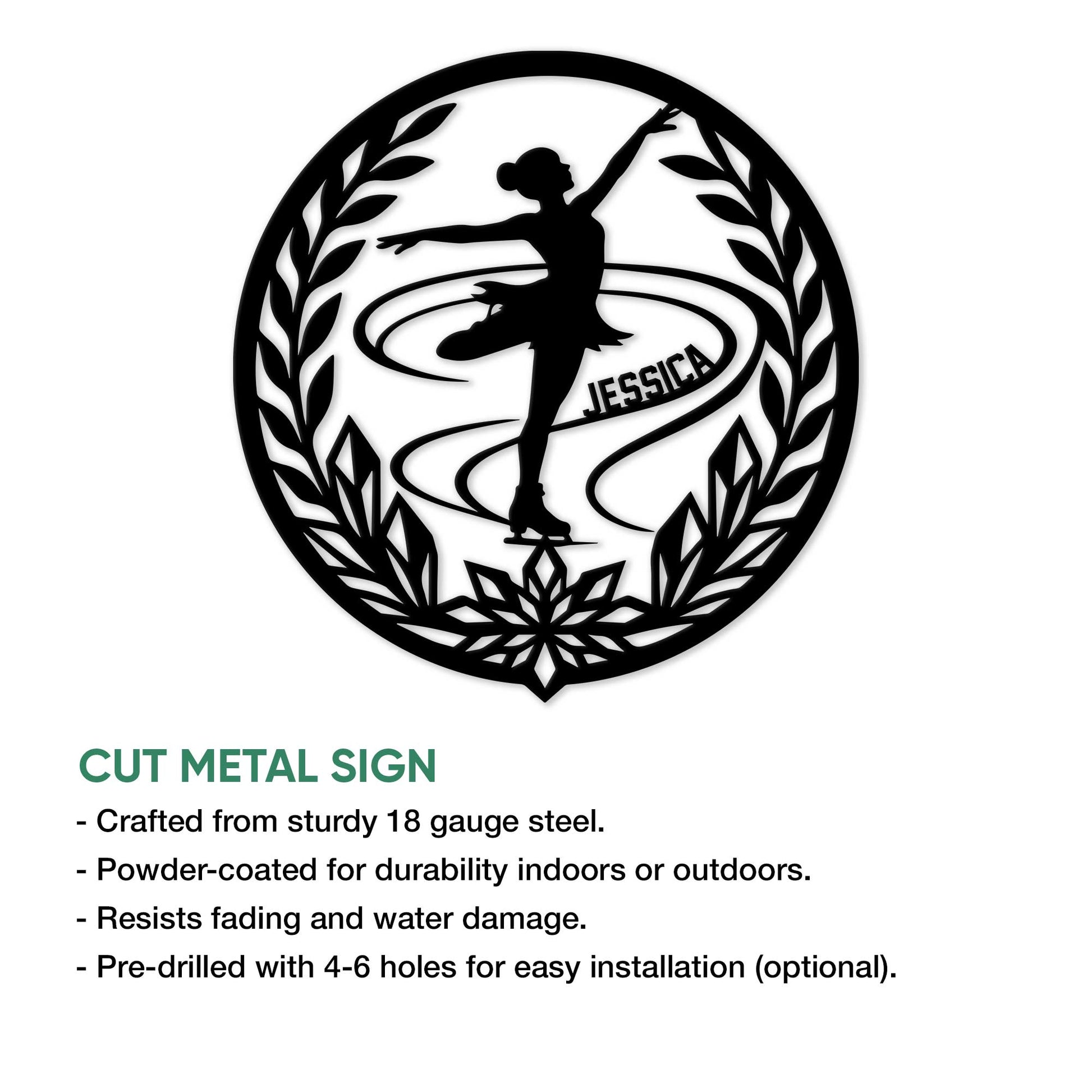 Figure skating metal sign shown with a product feature infographic and cut-metal design presentation