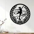 Black figure skater metal wall sign displayed on a light paneled wall as ice skating decor