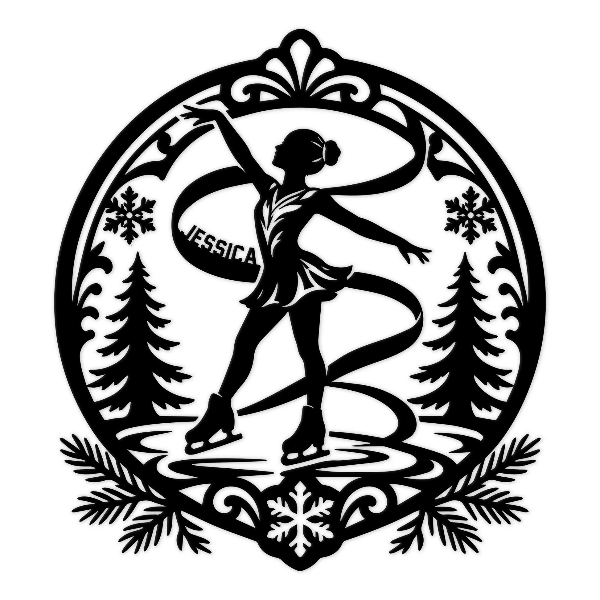 Decorative ice skating metal sign featuring a graceful figure skater on a winter rink